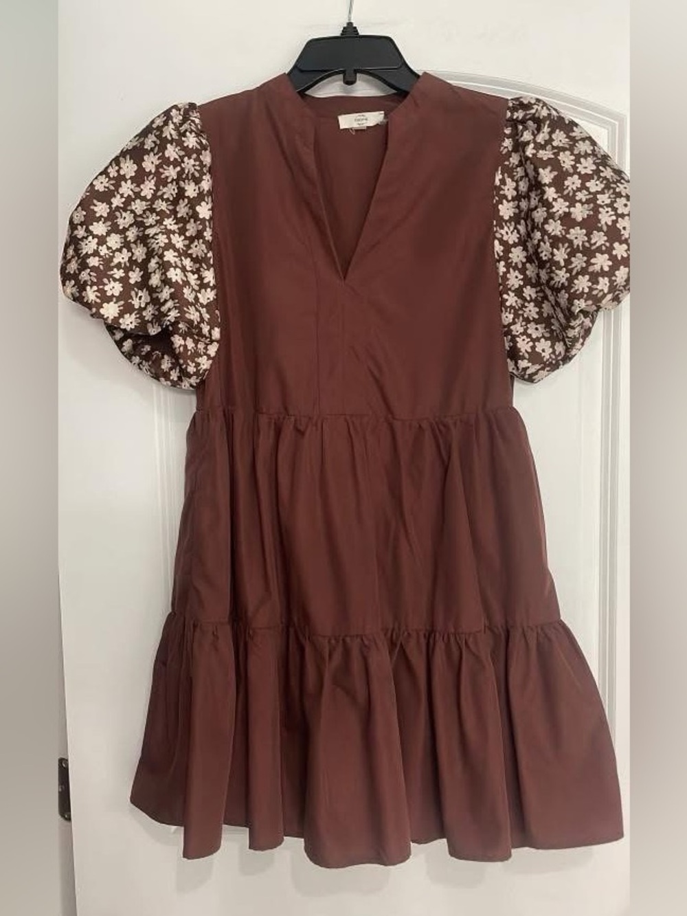 entro Brown Mini Dress with Floral Puff Sleeves